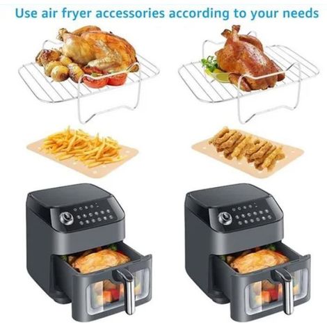 Lot De 2 Grilles De Cuisson Pour Friteuse À Air Chaud,En Acier Inoxydable,Avec 100 Feuilles De Papier Sulfurisé Et 1 Clip (1/4)