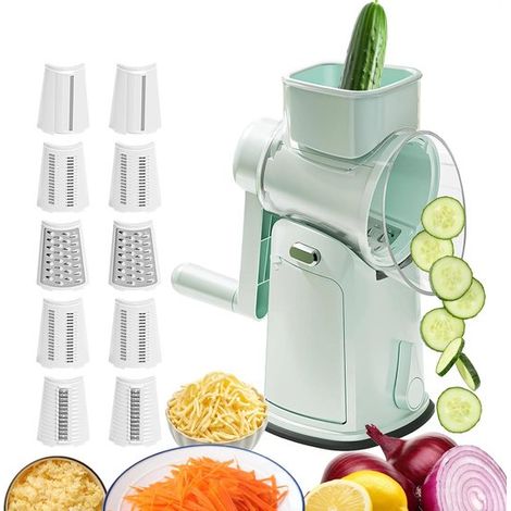 Affettatrice per verdure e grattugia per formaggio - Robot da cucina - Preparazione dei pasti - Base stabile con protezione per le dita - 19 x 13 cm - Verde menta (1/5)