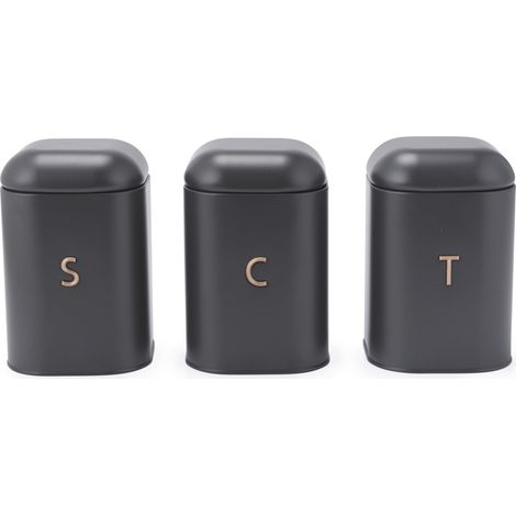 Ensemble de boîtes à sucre à thé et café – boîtes de rangement de comptoir, récipients de plan de travail de cuisine, boîtes étiquetées en acier au carbone, gris charbon/or (1/5)