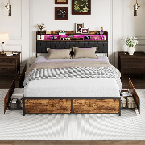 Letto 180x200 cm - Letto matrimoniale 180x200 cm con 4 cassetti e rete - Testiera con vano portaoggetti, illuminazione a LED e prese di ricarica - Metallo e legno (1/5)