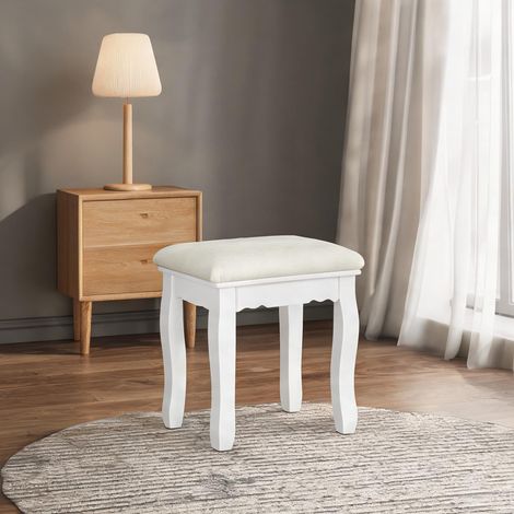 Pouf de coiffeuse en velours blanc avec piètement en bois (1/5)