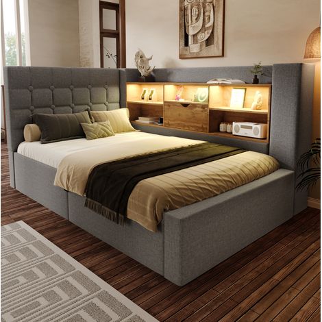 Cama dormitorio con almacenaje LED y USB-C gris oscuro OKMYHOME (1/5)