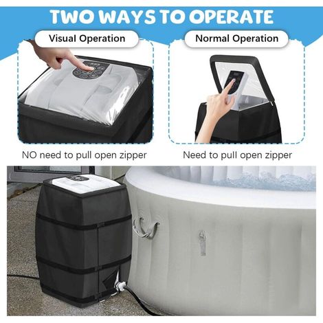 Copertura protettiva per pompa di riscaldamento spa, con apertura a zip e finestra trasparente in PVC, impermeabile e resistente ai raggi UV, protezione per pompa piscina, 40 x 37 x 54 cm (nero) (1/4)