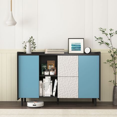 Sideboard Schwarz mit blauen Türen, 2 Schubladen, Paneel-Design, 2 offene Fächer, moderner Kaffeebarschrank LINHOO