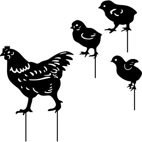 Set di 4 paletti da giardino in metallo a forma di gallina e pulcini, decorazione da giardino a forma di animale in metallo, statua a silhouette di gallina per prato, patio, tappeto erboso, decorazion