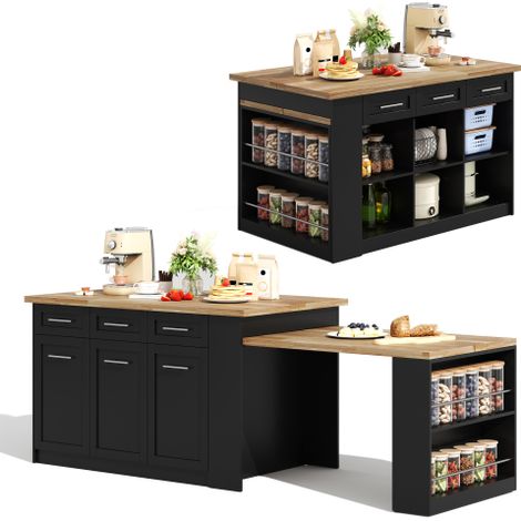 Îlot central cuisine noir avec table extensible, plateau effet bois, meuble rangement cuisine avec tiroirs et étagères réglables, îlot repas multifonction 150 cm (1/5)