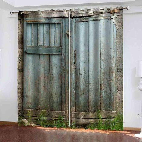 Rideaux Occultants Isolants Thermique,Rideaux Crayon Pli Porte en Bois Rétro Bleue 3D Imprimé Rideaux De Fenêtre Isolés Thermiquement avec Oeillet pour Chambre Salon Décor À La Maison, 280 X 250 Cm ( (1/5)