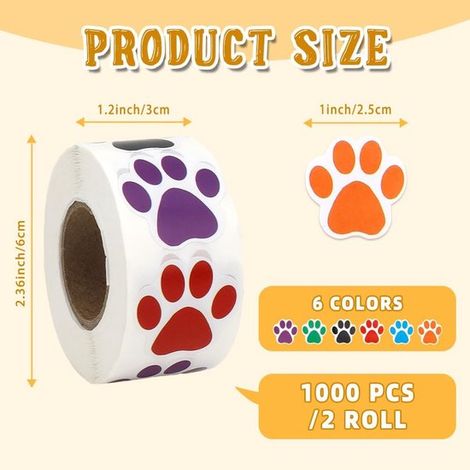 1000 adesivi a forma di zampa，Adesivi colorati e carini a forma di zampa da 2,5 cm，Rotolo di etichette a forma di zampa di cucciolo (1/4)