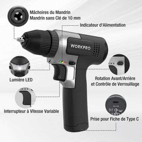 WORKPRO Kit de Perceuses Visseuse Sans Fil 8V Noir, Visseuse Devisseuse Sans Fil 2000mAh, Couple 12Nm, Mandrin de Perçage 10mm, LED Lumière, Kit d'Accessoires Complet, pour Réparation Maison DIY — vue 2