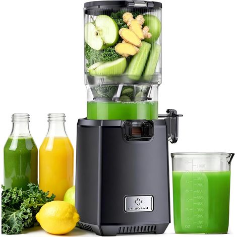 Extracteur De Jus de Fruits et Légumes Entiers, 130MM Calibre et 1.8L Capacité Centrifugeuse, 250W Slow Juicer Machine Avec Fonction Inverse, Facile à Installer et à Nettoyer, Sans BPA, Noir (1/5)