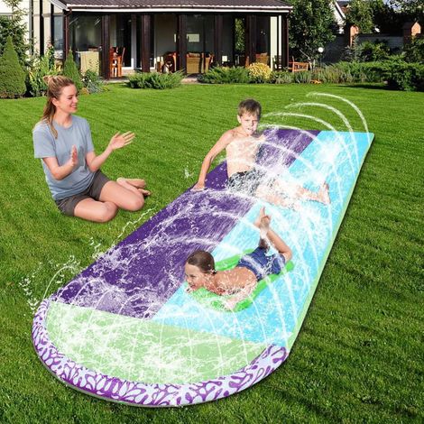Doppelte Rasenwasserrutsche (480 cm) mit 2 aufblasbaren Brettern, sommerliches Wasserspielzeug für Kinder und Erwachsene, für Garten und Terrasse (1/4)