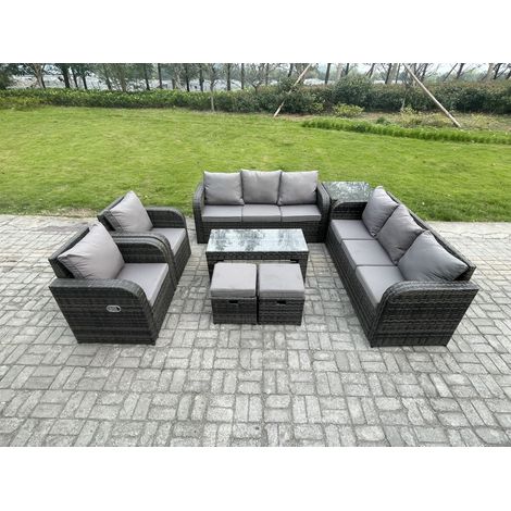 Fimous 10-Sitzer Polyrattan Sofa Set Outdoor Patio Gartenmöbel mit 2 Liegestühle Couchtisch Beistelltisch 2 kleine Fußhockern Dunkelgrau Gemischt (1/5)