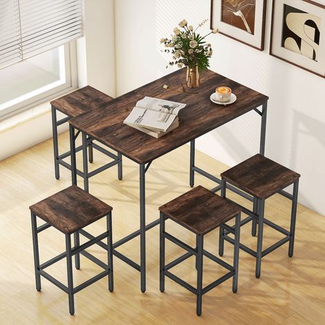 Mobilier Ensemble table de bar industriel + 4 tabourets repose-pieds en bois couleur chêne cadre en métal - noir