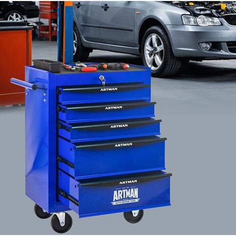 Servante à outils mobile en acier à 5 tiroirs, avec roulettes et serrure, noir et bleu HAVRYA (1/5)