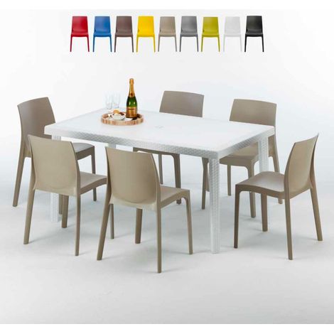 Table Rectangulaire Blanche 150x90cm Avec 6 Chaises Colorées Grand Soleil Set Extérieur Bar Café Rome Summerlife - Beige