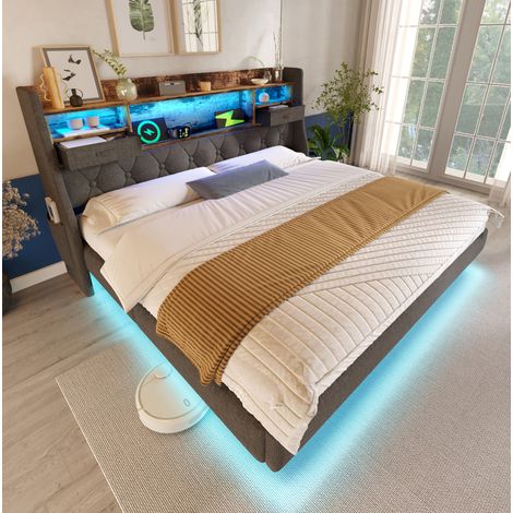 Lit coffre 140x200 cm capitonné en lin gris avec LED, charge USB et coffre hydraulique (1/5)