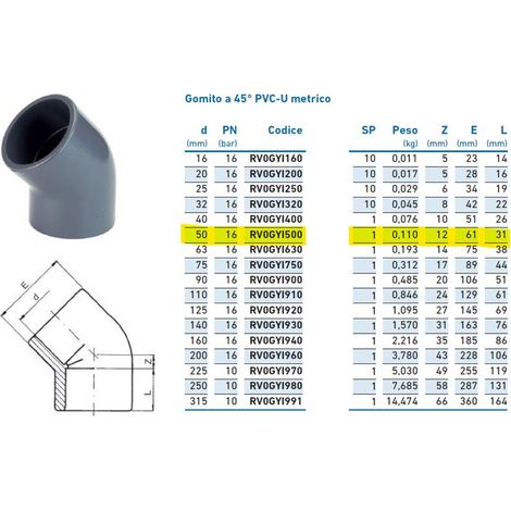 Gomito a 45° PVC-U metrico ø50 PN16 per incollaggio INPFGY150000 - -  IRRITEC - -