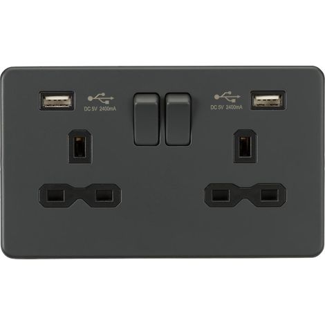 Compatible avec une prise de courant 13A 2G, avec double chargeur USB A+A (2,4A) - Gris anthracite 230V IP20 (1/2)