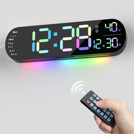 Große digitale Wanduhr (35 cm) mit Fernbedienung, automatischer Displayhelligkeit, zwei Alarmen und Timer, 12/24-Stunden-Anzeige (1/5)