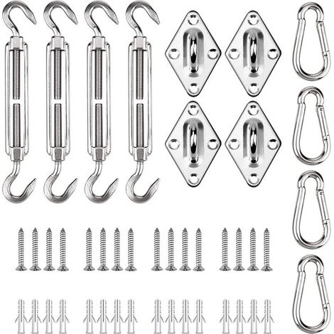 Kit de fixation pour voile d'ombrage, accessoires pour auvent, vis de tension en acier inoxydable, jeu de mousquetons avec vis pour une installation sécurisée des voiles d'ombrage (1/5)