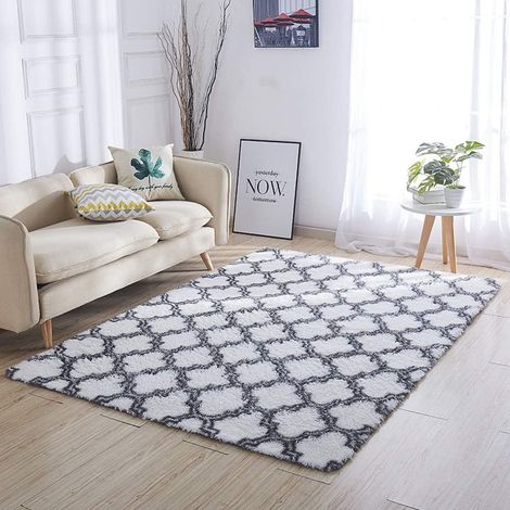 Tappeto morbido e soffice a pelo lungo, piacevole al tatto, in finta pelliccia tie-dye, ideale per soggiorno, camera da letto, cameretta dei bambini e arredamento (griglia bianca, 60 x 120 cm). (1/5)