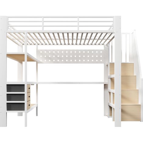 Hochbett 140 x 200 cm aus Metall und MDF in Weiß mit Schreibtisch, Stauraum, LED und Steckdose (1/5)