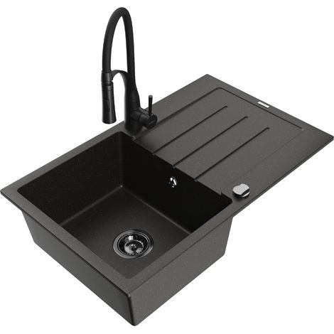 Mexen Bruno lavello da cucina in granito a 1 vasca con sgocciolatoio e rubinetto Aster, nero/oro metallizzato (1/5)