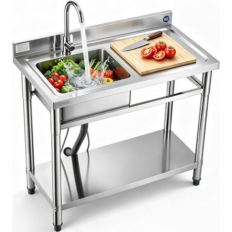 VEVOR Lavandino Mobile da Cucina 1000 x 500 x 940 mm, Vasca Singola con Rubinetto e Ripiano, Lavello da Cucina per Garage, Ristorante, Lavanderia, Lavabo da Esterno con Piano di Lavoro Destra (1/5)