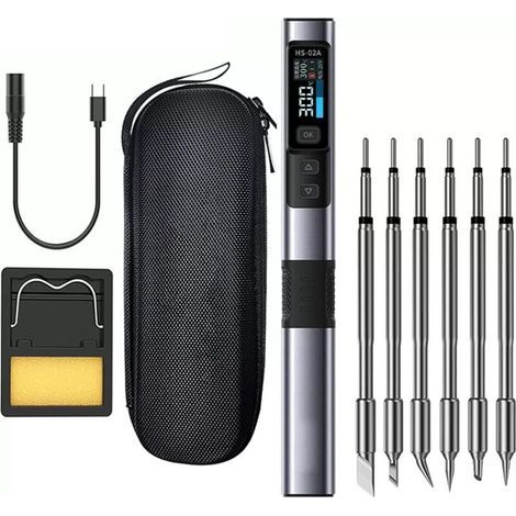 Fer a Soldar Rápido, HS-02A Mini Kit de Soldador de 100 W, Alimentación PD/QC/DC 9-20 V, Calentamiento Rápido 100-450 °C, 6 Puntas de Soldadura para Reparación Precisa de Electrónica (1/4)