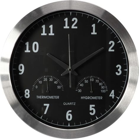 Perel Reloj de Pared 35,5 cm analógico con sincronización horaria DCF, termómetro e higrómetro, Esfera Clara y fácil de Leer, Marco de Aluminio Plateado, salón Cocina Oficina Sala de Espera (1/4)