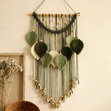 Tapisserie murale en macramé - Tapisserie artisanale à motif de feuilles vert sauge, décoration bohème pour chambre, salon et salle de bain, ambiance naturelle, cadeau idéal pour femmes et filles (ann (1/5)