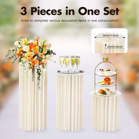 Supports floraux pliables carton – Lot 3 pièces – Centres de table mariage – Cylindres 40+60+80 cm – Vase ou dessert (1/5)