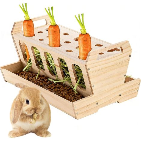 Große Heuraufe aus Naturholz für Kaninchen und Nagetiere, stabiler, stehender Futtertrog mit Karottenhalter, 30 x 21 x 18 cm, Zubehör für Kaninchenstall, Meerschweinchen, Kaninchen, Hamster, Mäuse, Ra (1/5)
