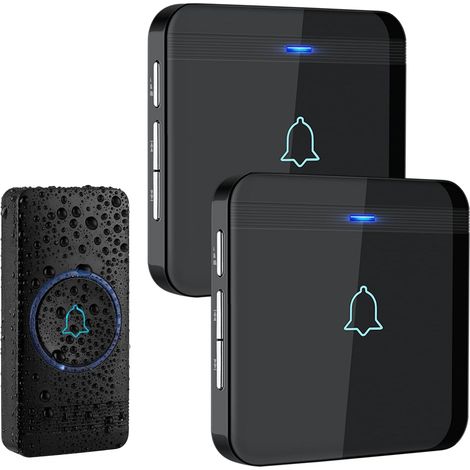 Sonnette sans Fil, Bouton de Sonnette, Carillon de Porte étanche IP55 avec 2 récepteurs enfichables, Flash LED, 5 Niveaux de Volume, 52 mélodies, portée de Fonctionnement de 400 m, Noir (1/5)