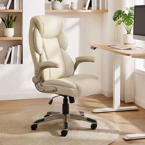 Silla de Oficina con Masaje Vibratorio de 4 Puntos Calor Lumbar Brazos Abatibles Respaldo Alto Altura Ajustable Crema (1/5)