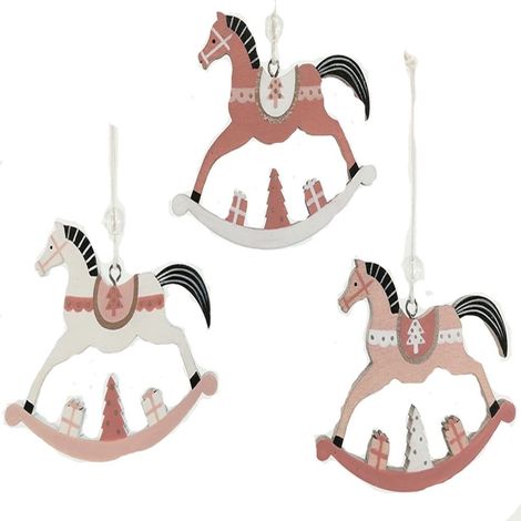 Decorazioni natalizie per albero di natale cavallo a dondolo Cavallucci rosa bianco addobbi decorazioni set da 12 (1/5)