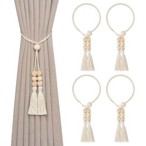 Set di 4 eleganti fermatende in corda di cotone naturale in stile bohémien con perline di legno per la casa e l'ufficio