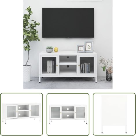 The Living Store TV-Schrank Weiß 105x35x52 cm Stahl und Glas - Fernsehschränkchen - TV-Stand - Weißes TV-Möbel - Moderner TV-Schrank - Stahl TV-Schrank (1/5)