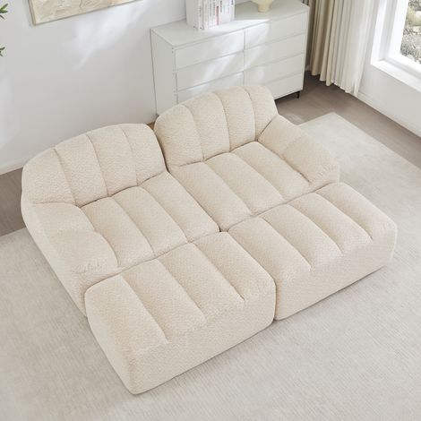 Modulares 2-Sitzer Sofa Beige White aus Granular Fleece mit 2 Ottomans und rutschfester Verbindung (1/5)