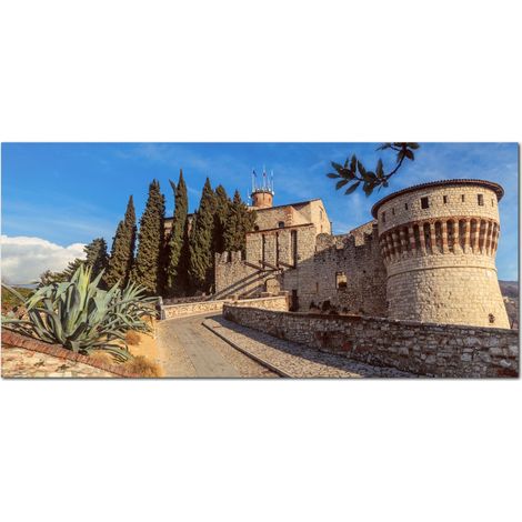 Lupia - Quadro moderno su Tela Canvas DEEP 65X143 cm, con paesaggi e localismi italiani, per casa, soggiorno, capezzale camera da letto, hotel, ufficio, BRESCIA - CASTELLO MEDIEVALE (1/4)