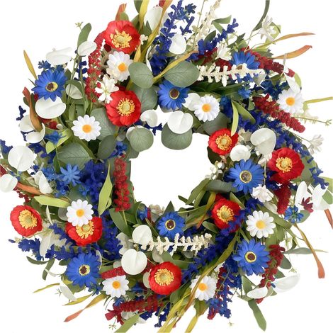 Guirlande De Fleurs - Couronne Patriote Rouge Blanc Bleu - 45 cm - Pour Porte D'Entrée Mur Miroir - Décoration 4 Juillet Jour Des Morts - 1 Pièce (1/5)
