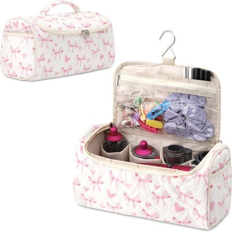 bolsa de almacenamiento, asa resistente, gancho de metal, múltiples compartimentos, para secador de pelo y accesorios. (1/5)