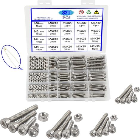 (320 pièces) Jeu de vis et écrous M3-M4-M5-M6 - Tête hexagonale - Acier inoxydable 304 (1/5)