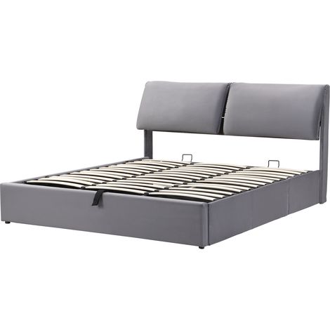 Lit coffre hydraulique 180x200 cm en velours gris avec tête de lit et 3 tiroirs (1/5)