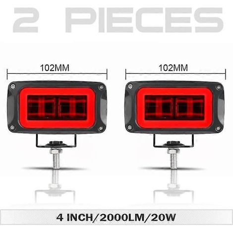 Phare de travail LED 4 pouces avec lentille 8D et halo, antibrouillard, pour quad, UTV, moto, voiture, camion, bateau, blanc/rouge, 12 V/24 V, 2 pièces, halo rouge (1/5)