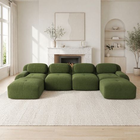 Canapé d’angle modular de pana verde, sin montaje, con reposabrazos curvos y diseño ergonómico (1/5)