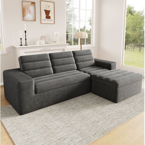 Divano angolare modulare 253x161x89 cm, struttura senza telaio, con pouf, tessuto a coste grigio scuro (1/5)