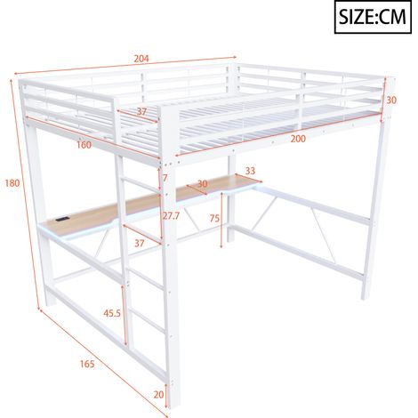 Lit Gaming Mezzanine en Métal 160x200 avec Éclairage LED, Station de Charge USB et Bureau, Blanc (1/5)