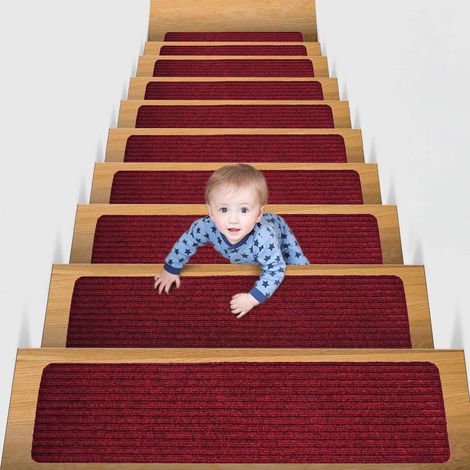 Lot de 5 Marchettes d'escalier, 20 x 76 cm Tapis De sécurité Antidérapant Tapis d'intérieur Antidérapant pour Enfants, Aînés et Animaux De Compagnie avec Adhésif Réutilisable, Rouge (1/5)