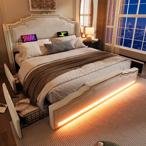 Lit double rembourré 180x200 cm avec 4 tiroirs et rangement Lit coffre avec éclairage LED et port USB-C Velours Beige (1/5)